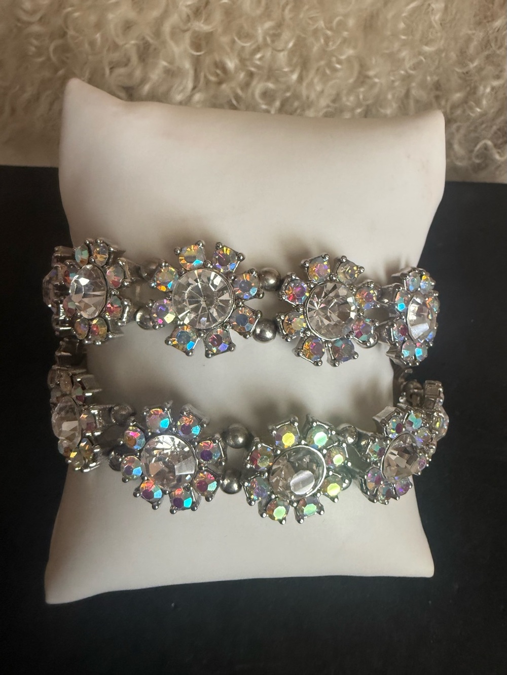 Crystal Flower Stretch Bracelet - Silver Tone with Aurora Borealis Stones